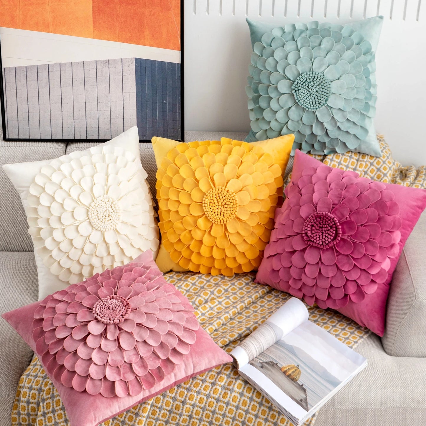 Daisy 3D Flower Pillow Covers Handmade Velvet Petals Home Decor (45x45cm)