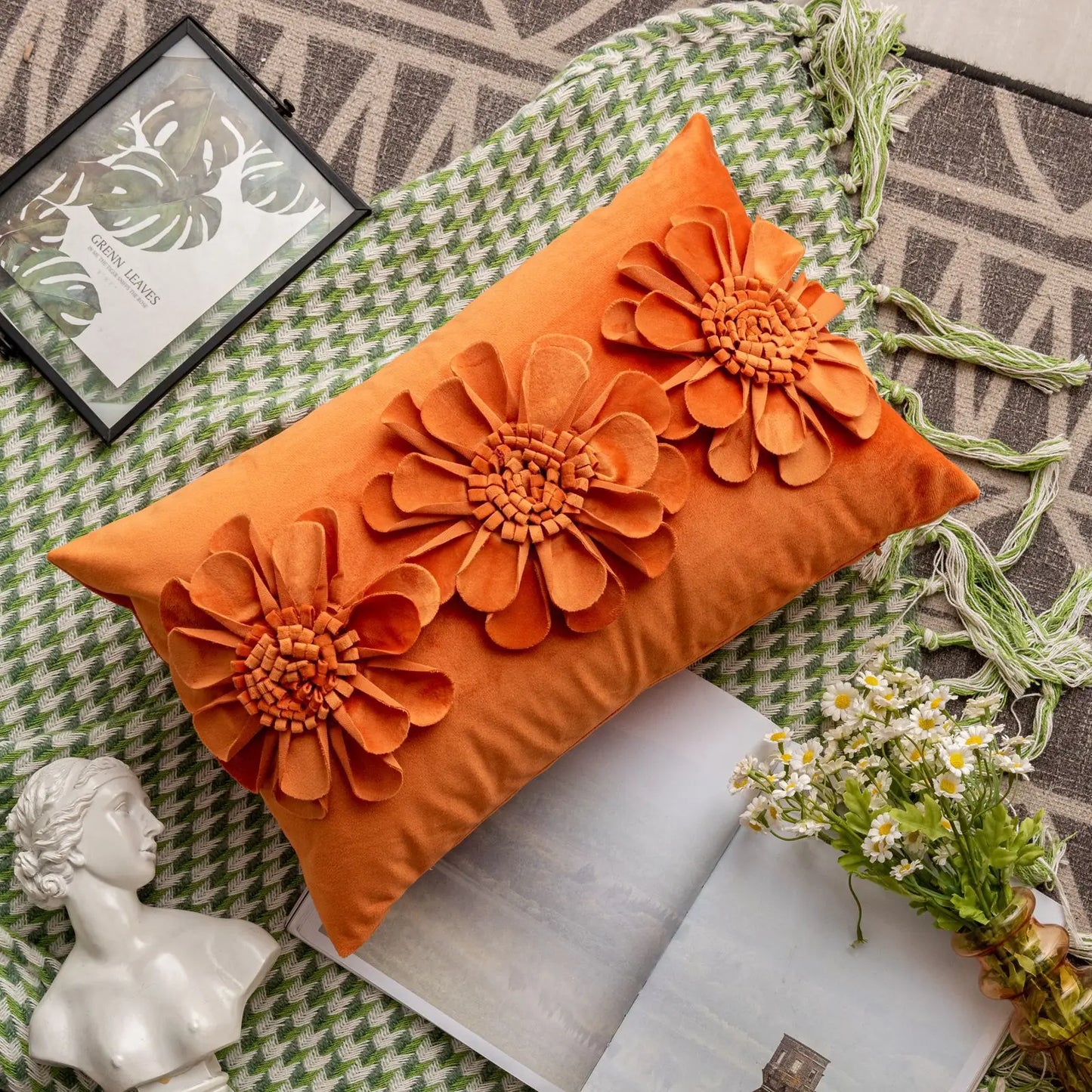 Daisy 3D Flower Pillow Covers Handmade Velvet Petals Home Decor (45x45cm)